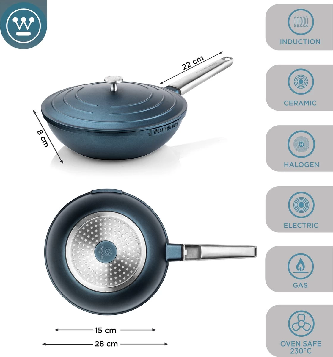 Westinghouse Performance Series - Wokpan Inductie - 28cm Luxe Wok Met Deksel - Blauw - Geschikt Voor Alle Warmtebronnen 7 Westinghouse Performance Series - Wokpan Inductie - 28cm Luxe Wok Met Deksel - Blauw - Geschikt Voor Alle Warmtebronnen - Afbeelding 5