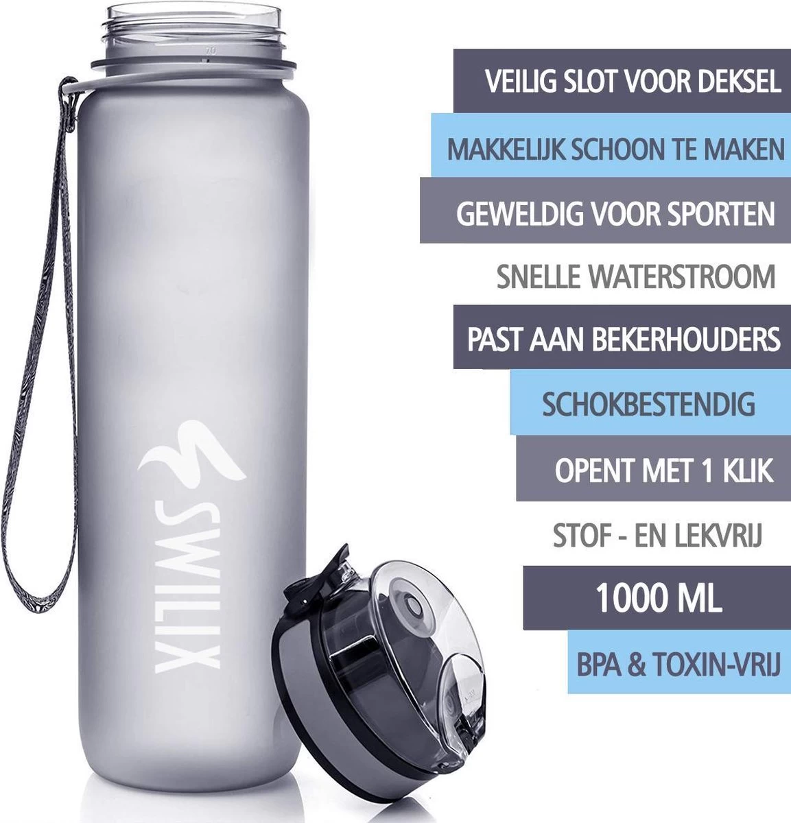 Swilix ® Drinkfles - 1 Liter - Drinkfles Met Tijdmarkering - Grijs 4 Swilix ® Drinkfles - 1 Liter - Drinkfles Met Tijdmarkering - Grijs - Afbeelding 2