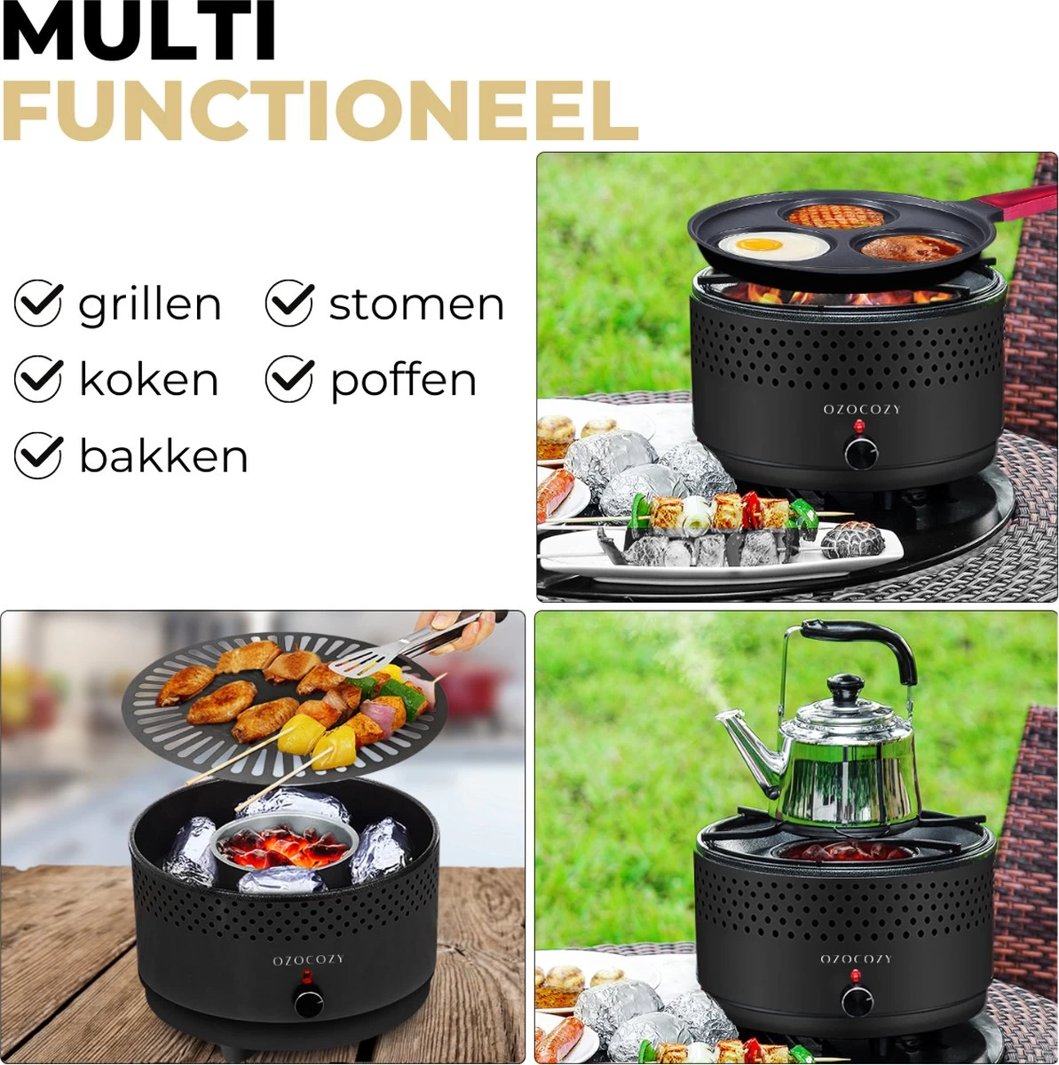 Ozocozy BBQ-ONE Houtskool Tafelbarbecue - Ø30 Cm- Zwart - Incl. Draagtas, Siliconen Bakkwast En RVS-Barbecuetang 11 Ozocozy BBQ-ONE Houtskool Tafelbarbecue - Ø30 Cm- Zwart - Incl. Draagtas, Siliconen Bakkwast En RVS-Barbecuetang - Afbeelding 9