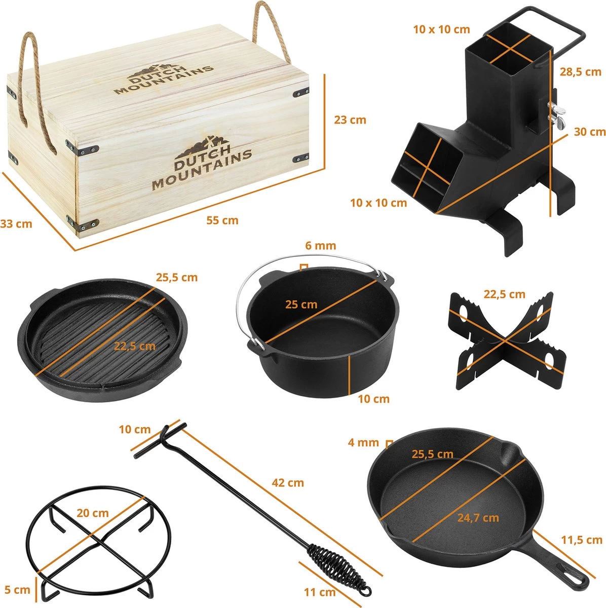 Dutch Mountains Gietijzeren Pannenset 7-delig - Dutch Oven – Braadpan - Grillpan - Hapjespan - Kookset In Houten Transportkist - Deksellifter - Brander 4 Dutch Mountains Gietijzeren Pannenset 7-delig - Dutch Oven – Braadpan - Grillpan - Hapjespan - Kookset In Houten Transportkist - Deksellifter - Brander - Afbeelding 2