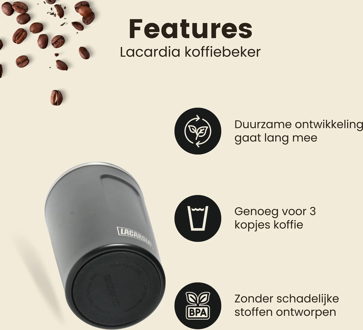 LaCardia Koffiebeker To Go Premium Zwart – Thermosbeker – Theebeker – 380ML – Herbruikbaar 5 LaCardia Koffiebeker To Go Premium Zwart – Thermosbeker – Theebeker – 380ML – Herbruikbaar - Afbeelding 3