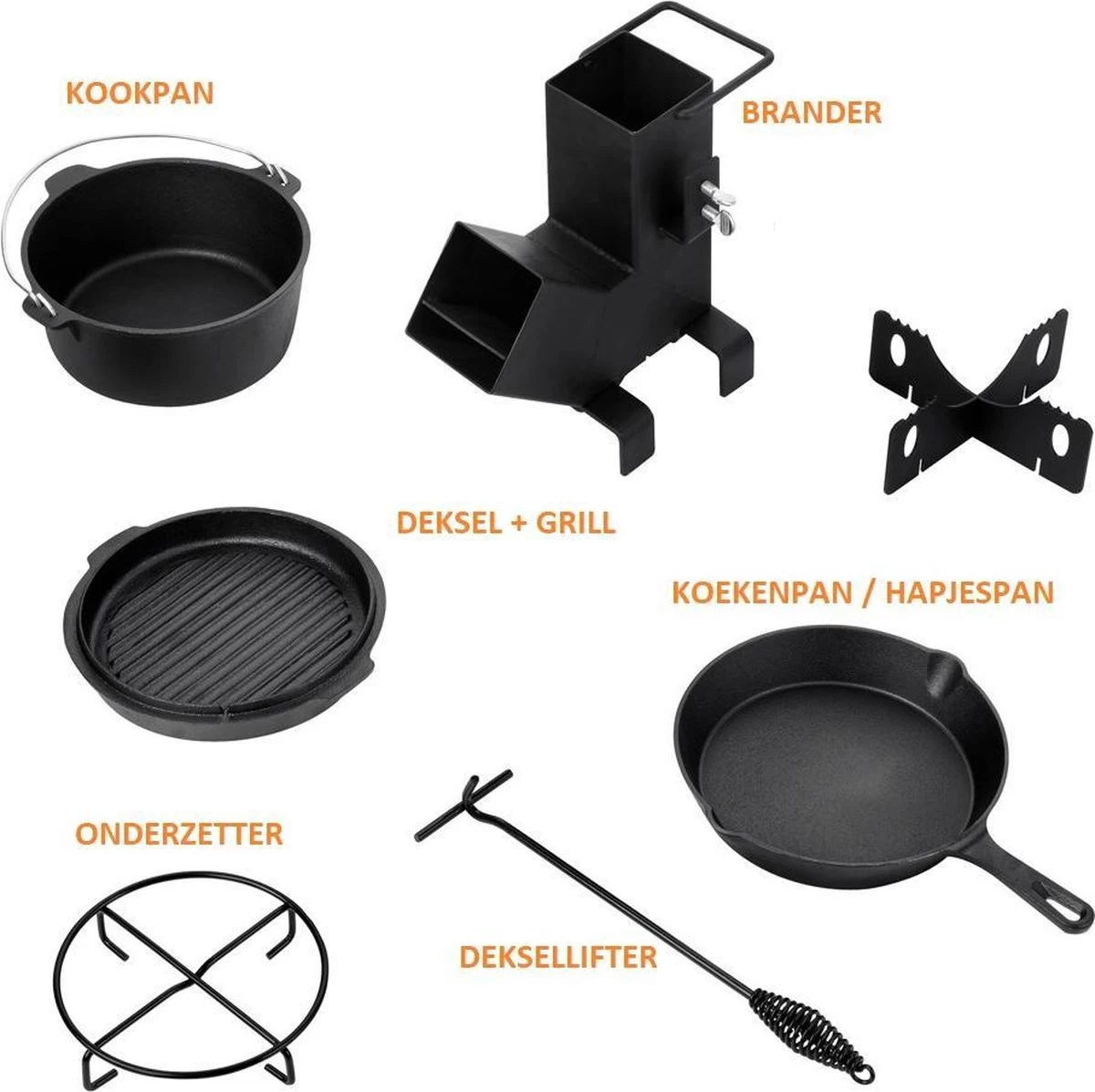 Dutch Mountains Gietijzeren Pannenset 7-delig - Dutch Oven – Braadpan - Grillpan - Hapjespan - Kookset In Houten Transportkist - Deksellifter - Brander 6 Dutch Mountains Gietijzeren Pannenset 7-delig - Dutch Oven – Braadpan - Grillpan - Hapjespan - Kookset In Houten Transportkist - Deksellifter - Brander - Afbeelding 4