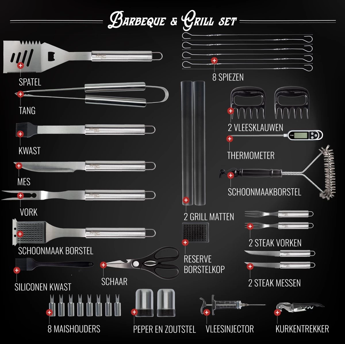 Mountain Jack® 40-Delige Luxe BBQ Grill Accessoires Set In Roestvrij Staal – Barbecue Gereedschap – Tangenset, Vlees Thermometer, Vleestang, Borstel, Spiezen, Vleesmes, Vleesvork 7 Mountain Jack® 40-Delige Luxe BBQ Grill Accessoires Set In Roestvrij Staal – Barbecue Gereedschap – Tangenset, Vlees Thermometer, Vleestang, Borstel, Spiezen, Vleesmes, Vleesvork - Afbeelding 5