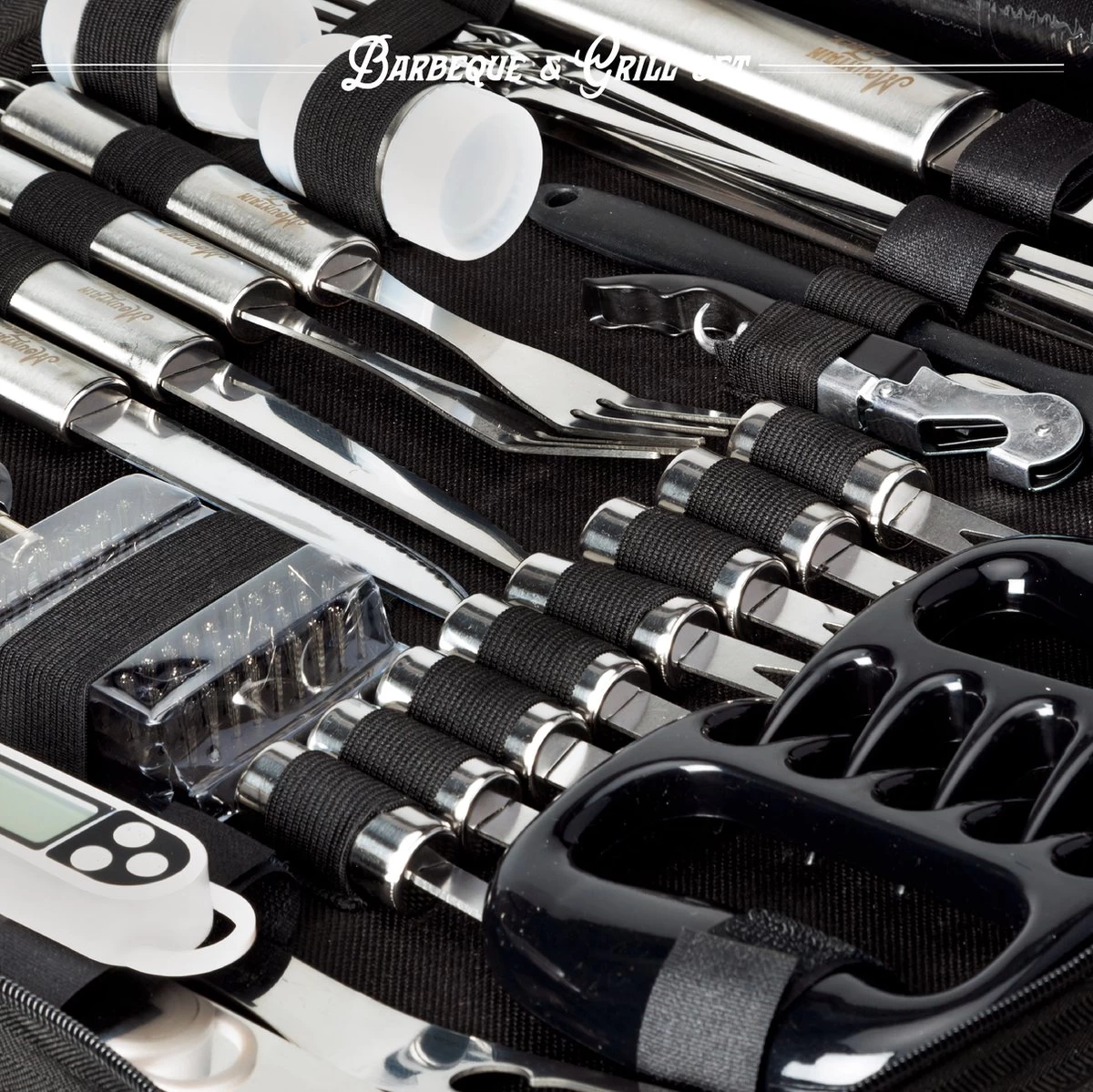 Mountain Jack® 40-Delige Luxe BBQ Grill Accessoires Set In Roestvrij Staal – Barbecue Gereedschap – Tangenset, Vlees Thermometer, Vleestang, Borstel, Spiezen, Vleesmes, Vleesvork 10 Mountain Jack® 40-Delige Luxe BBQ Grill Accessoires Set In Roestvrij Staal – Barbecue Gereedschap – Tangenset, Vlees Thermometer, Vleestang, Borstel, Spiezen, Vleesmes, Vleesvork - Afbeelding 8