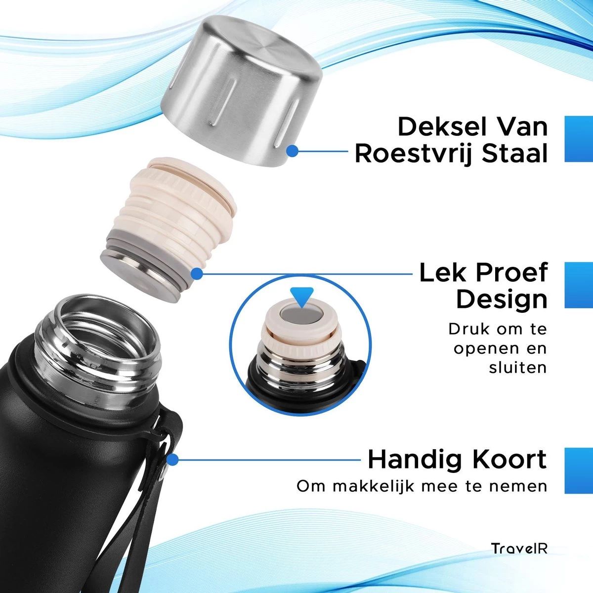 TravelR Thermosfles - Thermoskan - Drinkfles - Isoleerfles - BPA Vrij - Roestvrij Staal - 750 ML - Mat Zwart 4 TravelR Thermosfles - Thermoskan - Drinkfles - Isoleerfles - BPA Vrij - Roestvrij Staal - 750 ML - Mat Zwart - Afbeelding 2