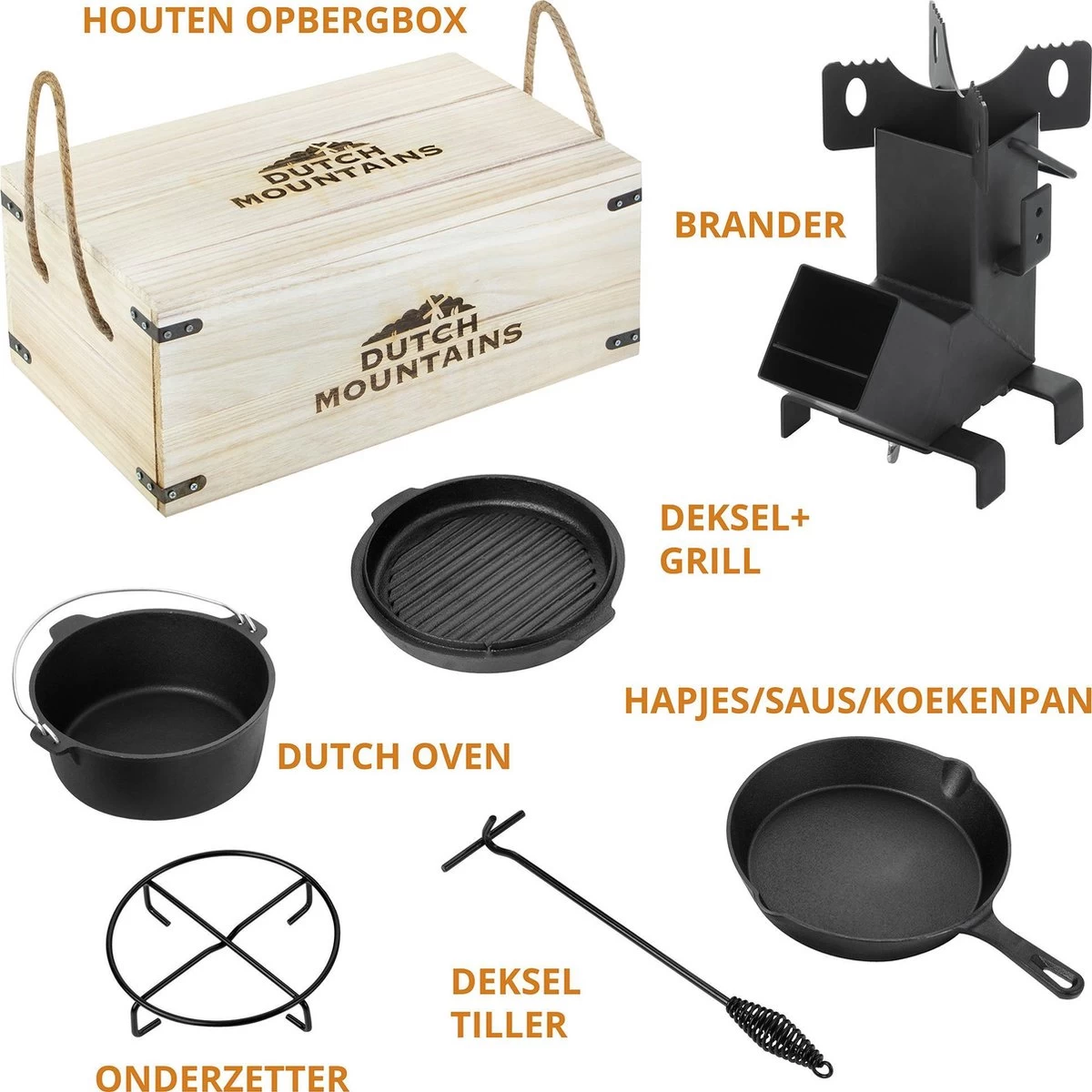 Dutch Mountains Gietijzeren Pannenset 7-delig - Dutch Oven – Braadpan - Grillpan - Hapjespan - Kookset In Houten Transportkist - Deksellifter - Brander 8 Dutch Mountains Gietijzeren Pannenset 7-delig - Dutch Oven – Braadpan - Grillpan - Hapjespan - Kookset In Houten Transportkist - Deksellifter - Brander - Afbeelding 6