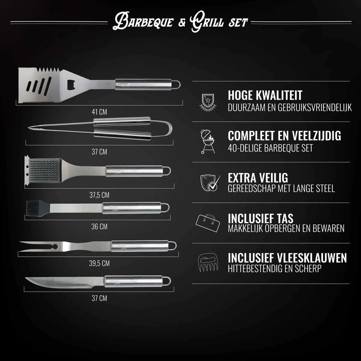 Mountain Jack® 40-Delige Luxe BBQ Grill Accessoires Set In Roestvrij Staal – Barbecue Gereedschap – Tangenset, Vlees Thermometer, Vleestang, Borstel, Spiezen, Vleesmes, Vleesvork 5 Mountain Jack® 40-Delige Luxe BBQ Grill Accessoires Set In Roestvrij Staal – Barbecue Gereedschap – Tangenset, Vlees Thermometer, Vleestang, Borstel, Spiezen, Vleesmes, Vleesvork - Afbeelding 3
