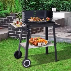 Verrijdbare Barbecue – Houtskool/Briketten - Verstelbare Grillplaat – Houten Tafel – Winscherm – Gewicht 5.9kg -Beste Thuiskeuken 1200x1200 822
