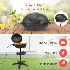 KitchenBrothers Elektrische BBQ - Met Grillplaat - Anti-aanbaklaag - Incl. Plank/Houders - Grilloppervlak 46,5x33,8cm - Tot 300°C - 2400W - Zwart -Beste Thuiskeuken 1200x1200 872