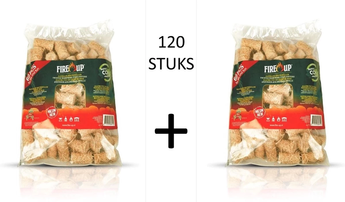 Fire-Up Aanmaak Houtkrullen - 2 Zakken Van 60 Stuks - (120 Stuks!) 3 Fire-Up Aanmaak Houtkrullen - 2 Zakken Van 60 Stuks - (120 Stuks!)