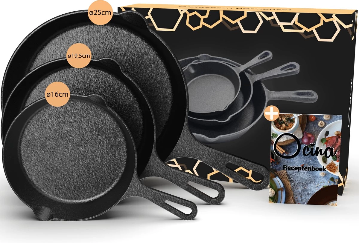 Ocina Gietijzeren Pan – Set Van 3 Stuks – ø25cm, ø19.5cm En ø16cm - Skillet - Koekenpan – Hapjespan – Koekenpan Inductie – Koekenpannenset - Gietijzeren Pan Bbq - Gietijzer - Incl. Receptenboek 3 Ocina Gietijzeren Pan – Set Van 3 Stuks – ø25cm, ø19.5cm En ø16cm - Skillet - Koekenpan – Hapjespan – Koekenpan Inductie – Koekenpannenset - Gietijzeren Pan Bbq - Gietijzer - Incl. Receptenboek